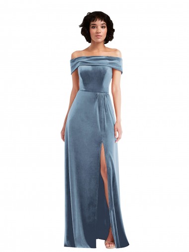 Draped Cuff Off the Shoulder Velvet Maxi Prom Dress with Pockets UK Clearance