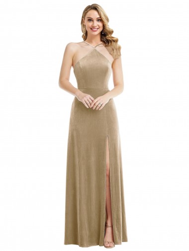 High Neck Halter Open Back Long Velvet Maxi Prom Dress with Pockets UK Clearance