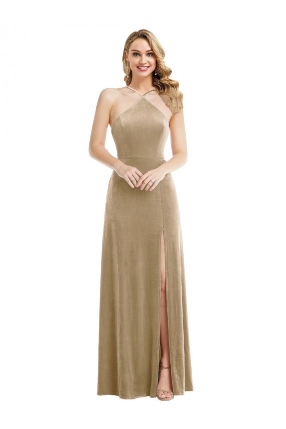 High Neck Halter Open Back Long Velvet Maxi Prom Dress with Pockets UK Clearance