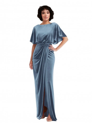 Flutter Sleeve Open Back Velvet Maxi Prom Dress with Pockets & Draped Wrap Skirt UK Clearance