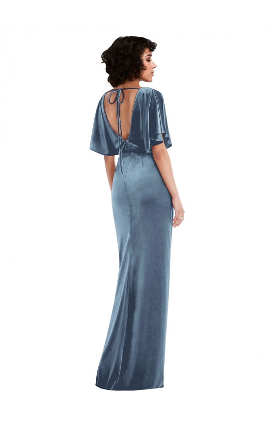 Flutter Sleeve Open Back Velvet Maxi Prom Dress with Pockets & Draped Wrap Skirt UK Clearance