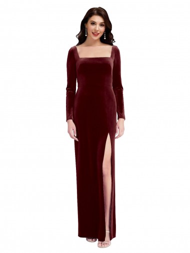 Sleek Square Neck Spaghetti Straps Velvet Prom Dress with Side Slit UK Clearance