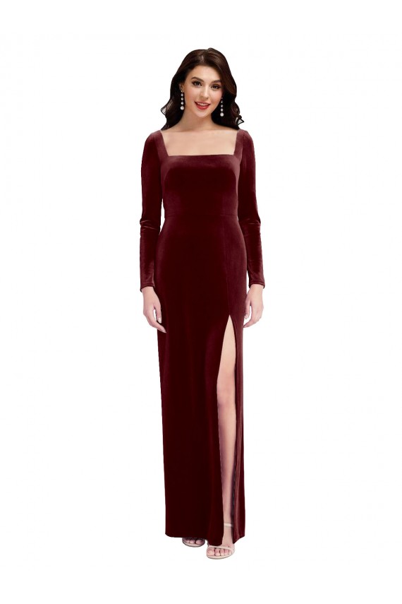 Sleek Square Neck Spaghetti Straps Velvet Prom Dress with Side Slit UK Clearance