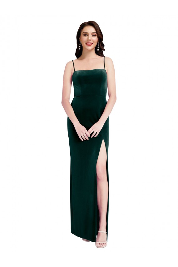 Straight Neckline Spaghetti Straps Long Velvet Prom Dress with High Side Slit UK Clearance