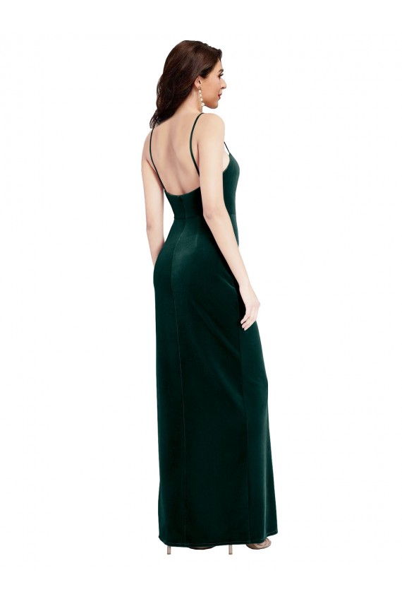 Straight Neckline Spaghetti Straps Long Velvet Prom Dress with High Side Slit UK Clearance