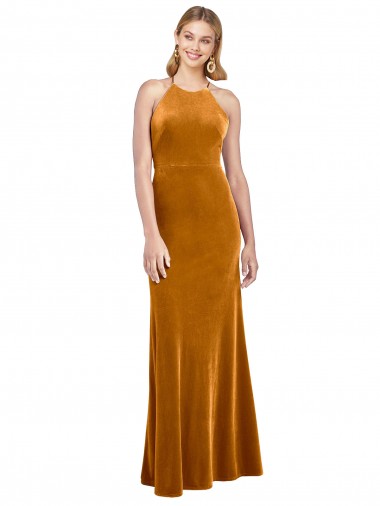 Halter Neckline Long Full Length Velvet Prom Dress with Strappy Back UK Clearance