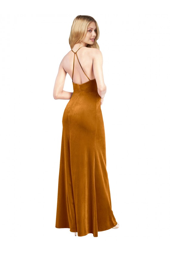 Halter Neckline Long Full Length Velvet Prom Dress with Strappy Back UK Clearance