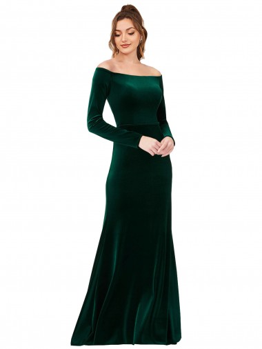 Off the Shoulder Long Sleeves Stretch Velvet Prom Dress UK Clearance