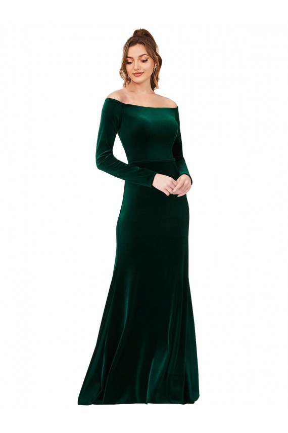 Off the Shoulder Long Sleeves Stretch Velvet Prom Dress UK Clearance