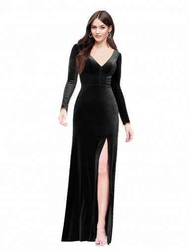 Long Sleeves Velvet Prom Dress with V-Neckline and Thigh Slit UK Clearance