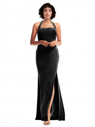 Empire Waist Stretch Velvet Prom Dress with Halter Strap UK Clearance