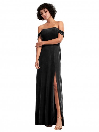 Off the Shoulder Drapped Sleeves Stretch Velvet Prom Dress UK Clearance