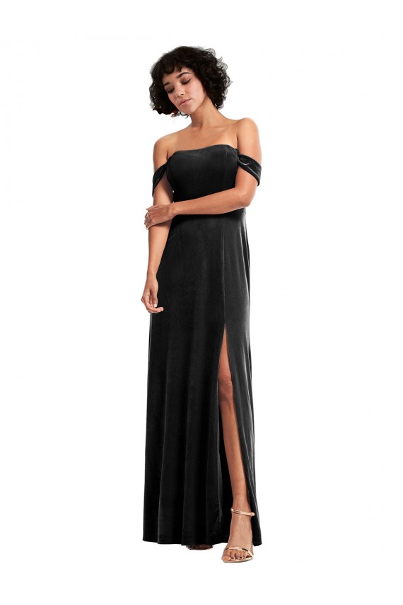 Off the Shoulder Drapped Sleeves Stretch Velvet Prom Dress UK Clearance