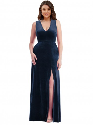 Deep V-Neck Sleeveless Velvet Maxi Prom Dress with Pockets UK Clearance