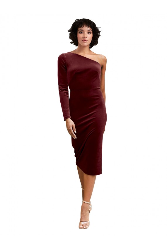 One Shoulder Fitted Short Midi Length Velvet Prom Dress UK Clearance