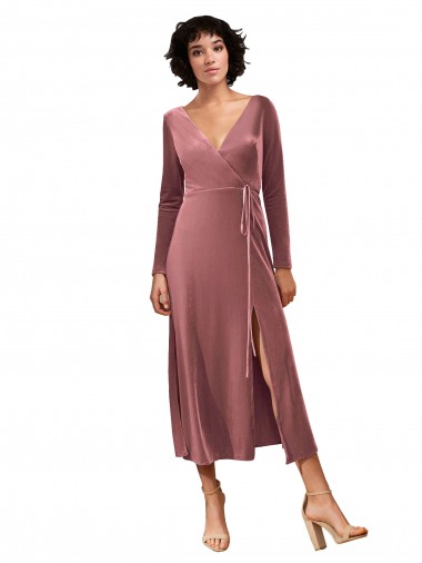 Long Sleeve Velvet Faux Wrap Midi Length Prom Dress UK Clearance