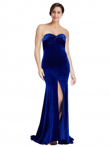 Strapless Ruched Velvet Prom Dress with Sweep Train and Front Slit UK Clearance