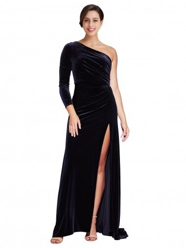 One Sleeve Long Velvet Prom Dress with Thigh High Split UK Clearance