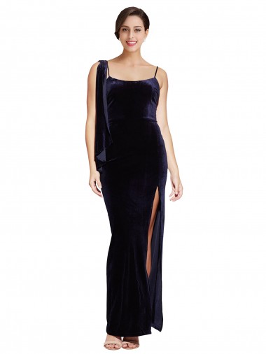 Long Velvet Prom Dress with Side Thigh Split and Shoulder Tie UK Clearance