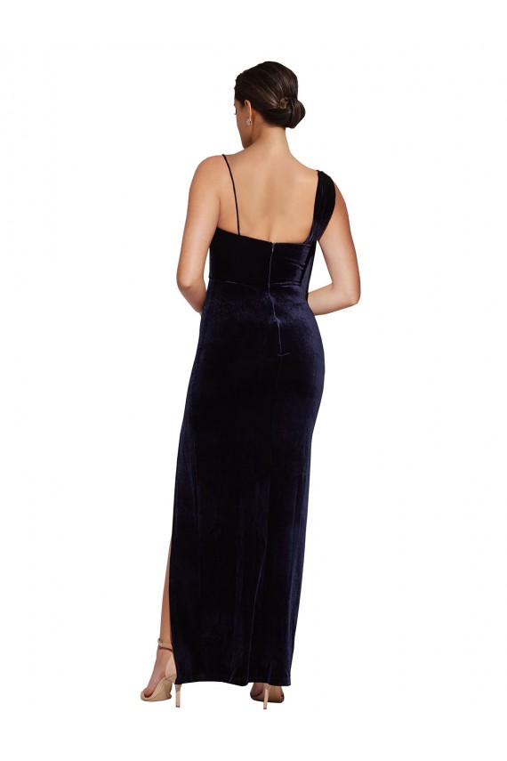 Long Velvet Prom Dress with Side Thigh Split and Shoulder Tie UK Clearance