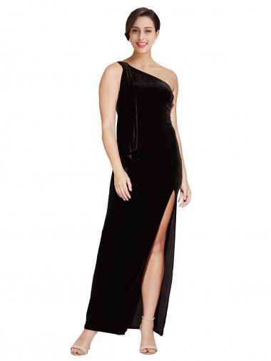 One Shoulder Long Velvet Prom Dress with Side Split and Shoulder Tie UK Clearance