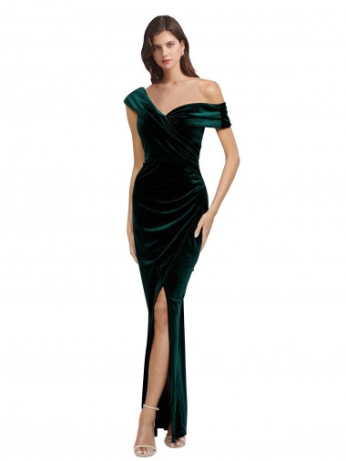 Long Asymmetric Neckline Ruched Velvet Prom Dress UK Clearance