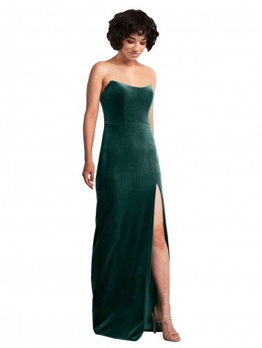 Scooped Strapless Long Velvet Prom Dress with Daring Side Slit UK Clearance