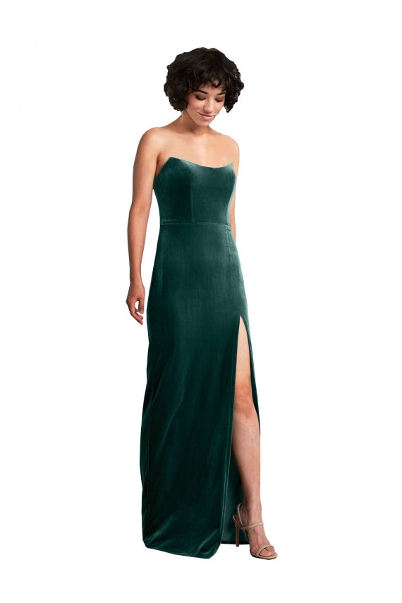 Scooped Strapless Long Velvet Prom Dress with Daring Side Slit UK Clearance